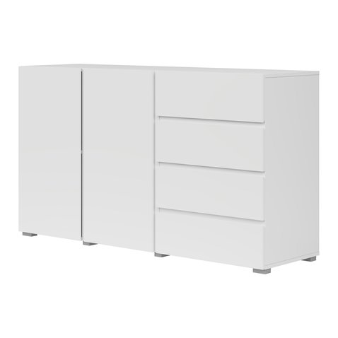 Moderná komoda Asymetric v bielom mate s bezúchytkovým otváraním – 4 zásuvky, 2 dvierka 01