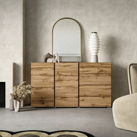 Komoda Asymetric v dekóre dub wotan – 4 zásuvky, 2 dvierka 01