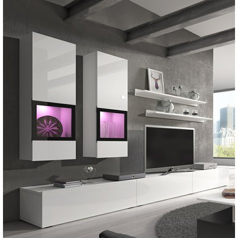 Moderná obývacia stena Baros - biela / biely lesk / čierna - 01