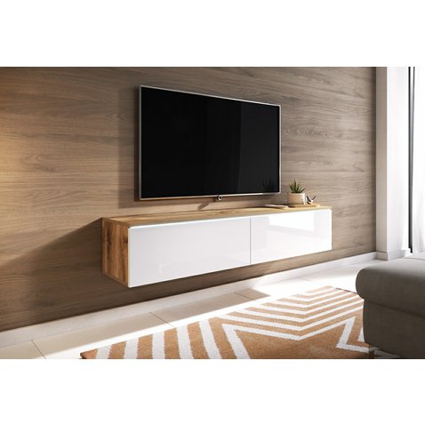 Závesný TV stolík Lowboard D 140 cm - dub wotan / biely lesk 01