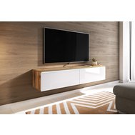 Závesný TV stolík Lowboard D 140 cm - dub wotan / biely lesk