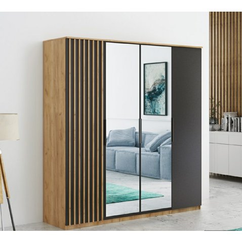 Šatníková skriňa s lamelami Lagos - dub zlatý / čierny mat - 01