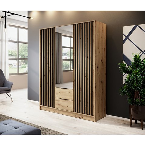 Moderná šatníková skriňa so zrkadlom Nelly - dub artisan/čierna - 01