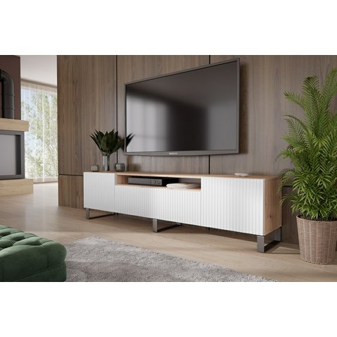 TV stolík s frézovanými dvierkami Remo 200 cm - dub artisan / biela - 01