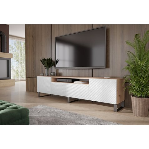 Štýlový TV stolík s frézovanými dvierkami Neo 200 cm - dub artisan / biela - 01