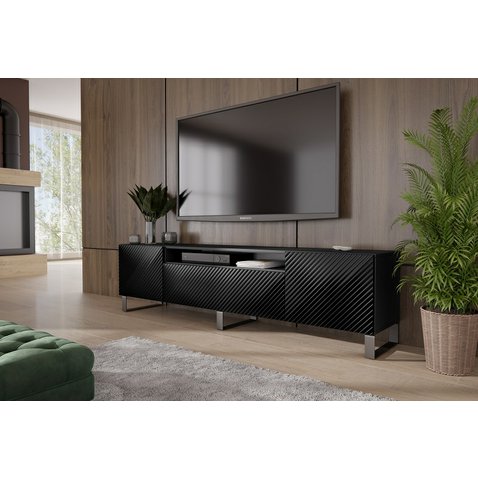 Dizajnový TV stolík s frézovanými dvierkami Cleo 200 cm - čierna - 01