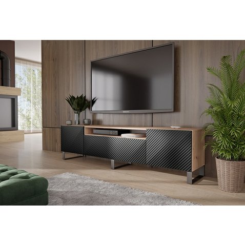 Štýlový TV stolík s frézovanými dvierkami Neo 180 cm - dub artisan / čierna - 01