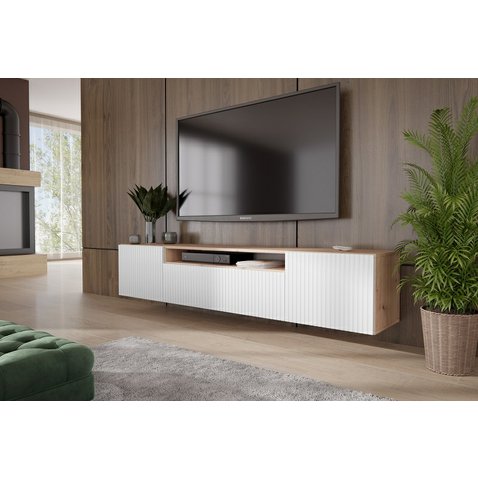 Závesný TV stolík s frézovanými dvierkami Remo 180 cm - dub artisan / biela - 01