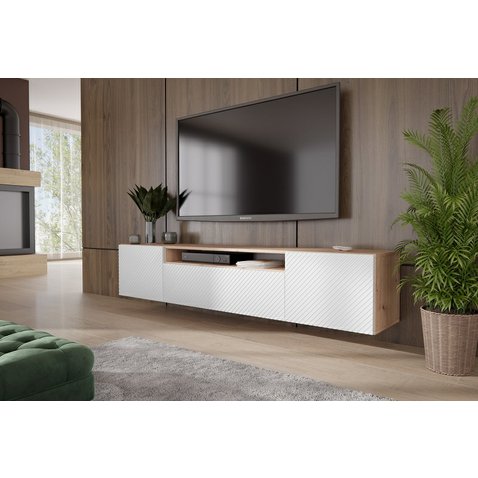 Závesný televízny stolík s frézovanými dvierkami Neo 200 cm - dub artisan / biela - 01