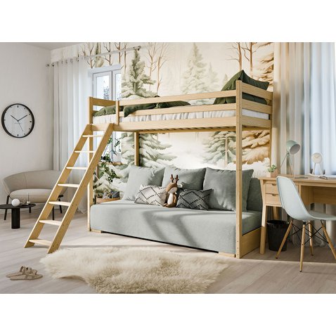 Drevená vyvýšená posteľ s pohovkou Sofino 1 - 90x200 cm - prírodná borovica - 01
