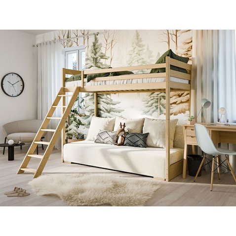 Drevená vyvýšená posteľ s pohovkou Sofino 2 - 90x200 cm - prírodná borovica - 01