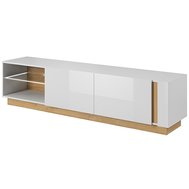 Dlhý televízny stolík ARCO 13 bez LED osvetlenia - biely lesk/dub grandson