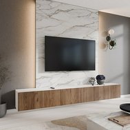 Frézovaný závesný TV stolík NOE 300 cm - biely mat/dub catania
